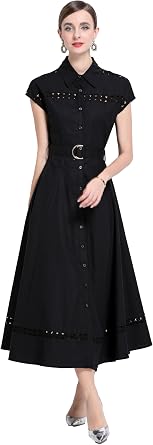 LAI MENG FIVE CATS Womens Vintage Summer Collar Hollow Cap Sleeve Button Midi Dress with Belt