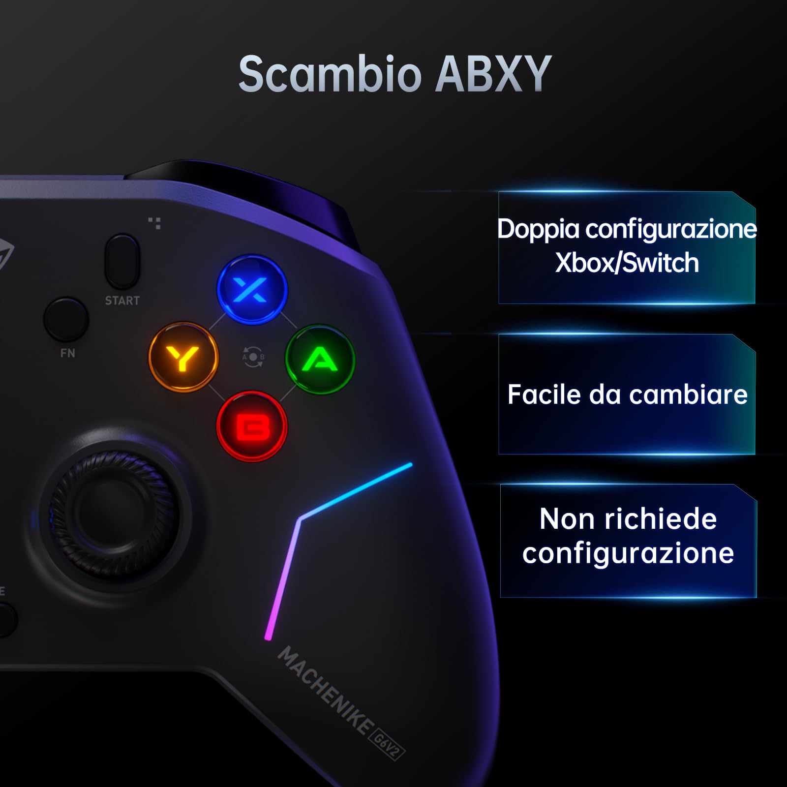 Machenike G6V2 Controller, 2 motori a bobina mobile HD, joystick TMR con coppia regolabile, 2 trigger TMR, pulsanti ABXY facilmente intercambiabili, 4 pulsanti programmabili, 1000 Hz, 1200 mAh, Bianco