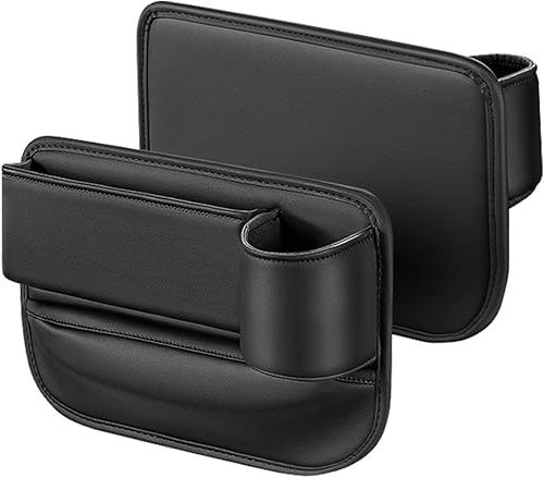 Organizador de espacio para asiento de automóvil con soporte para tazas, caja de almacenamiento ajustable de cuero multifuncional universal para