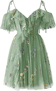 Short Tulle Homecoming Dresses for Teens Flower Embroidery Ruffle Mini Fairy Cocktail Party Gowns