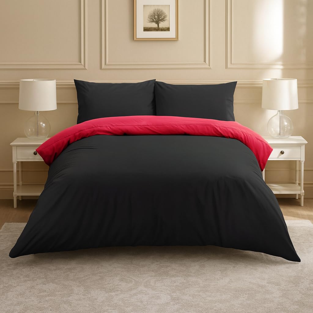 Lions Plain Dye Bedding, Single Bed Size Duvet Cover Set with Pillowcase, 2 Piece Ultra Soft Reversible Quilt Covers, Microfiber Premium Quality, 137x200cm, Black and Red — image 1
