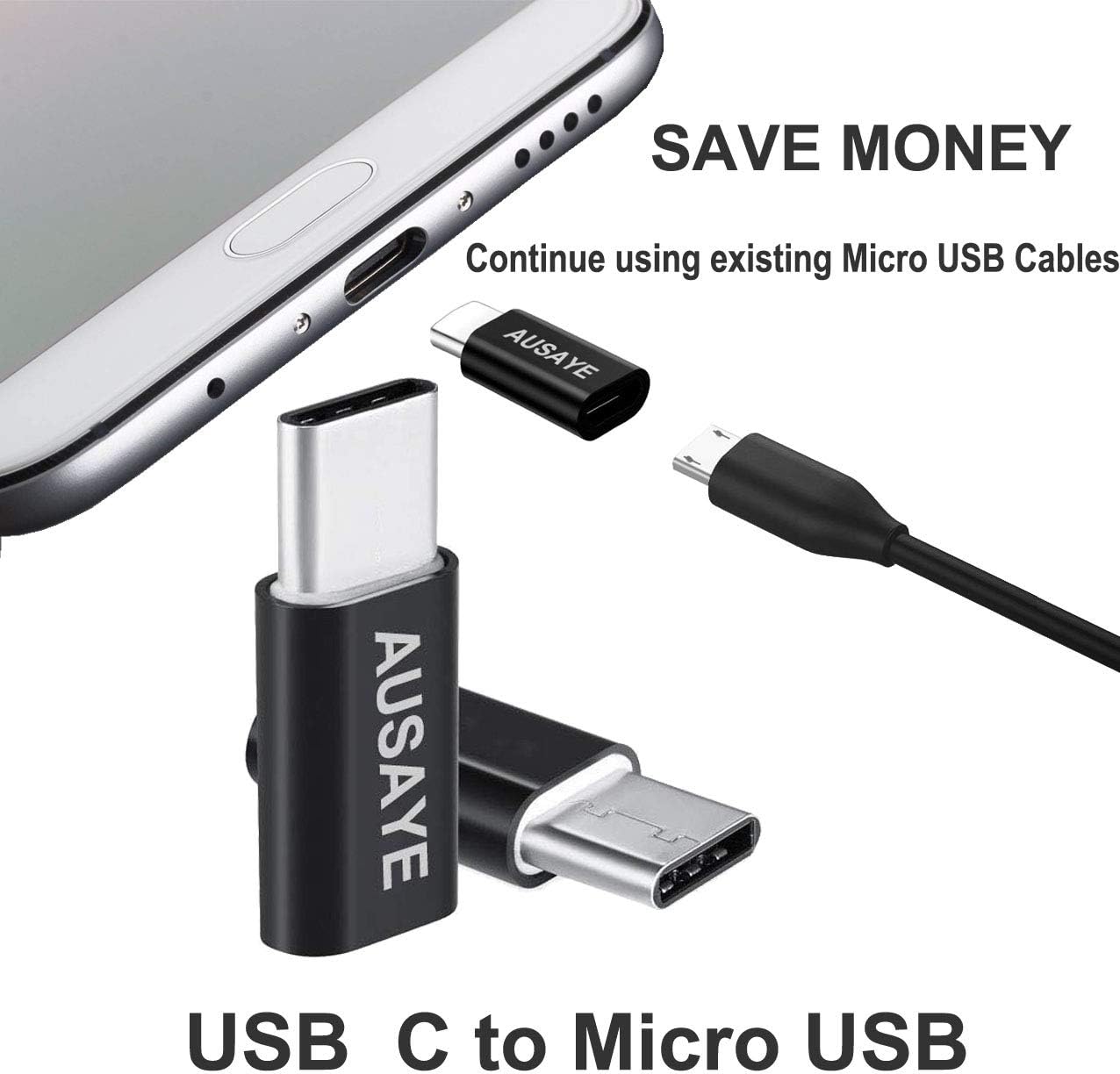 AUSAYE USB Type C Adapter, 4 Pack, USB C to Micro USB Adapter Connector USB C Adapter Fast Charging for Samsung Galaxy S9 S8 S8+ S10 Note 8 9 10,MacBook, LG V30 G5 G6, Moto Z2 Play Nexus Black