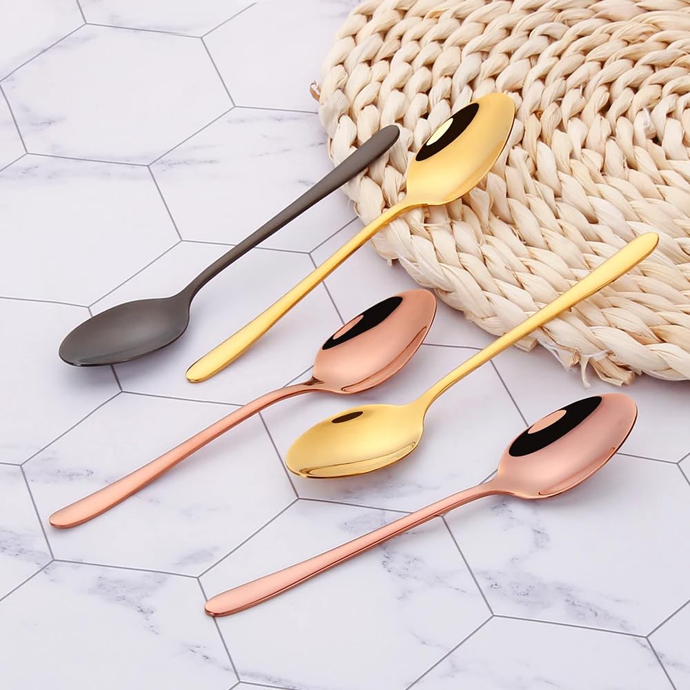 Juego de 7 cucharas de café de acero inoxidable para revolver para tartas y postres para fiestas en casa, vajilla dorada, oro rosa