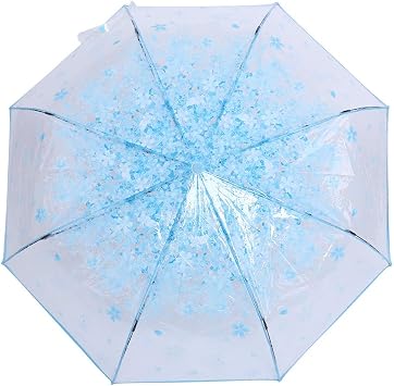 Walfront 1PC Transparent Cherry Clear Folding Umbrella for Women Manual Windproof Rain Umbrella with Alloy Handle for Outdoor Photography Blue