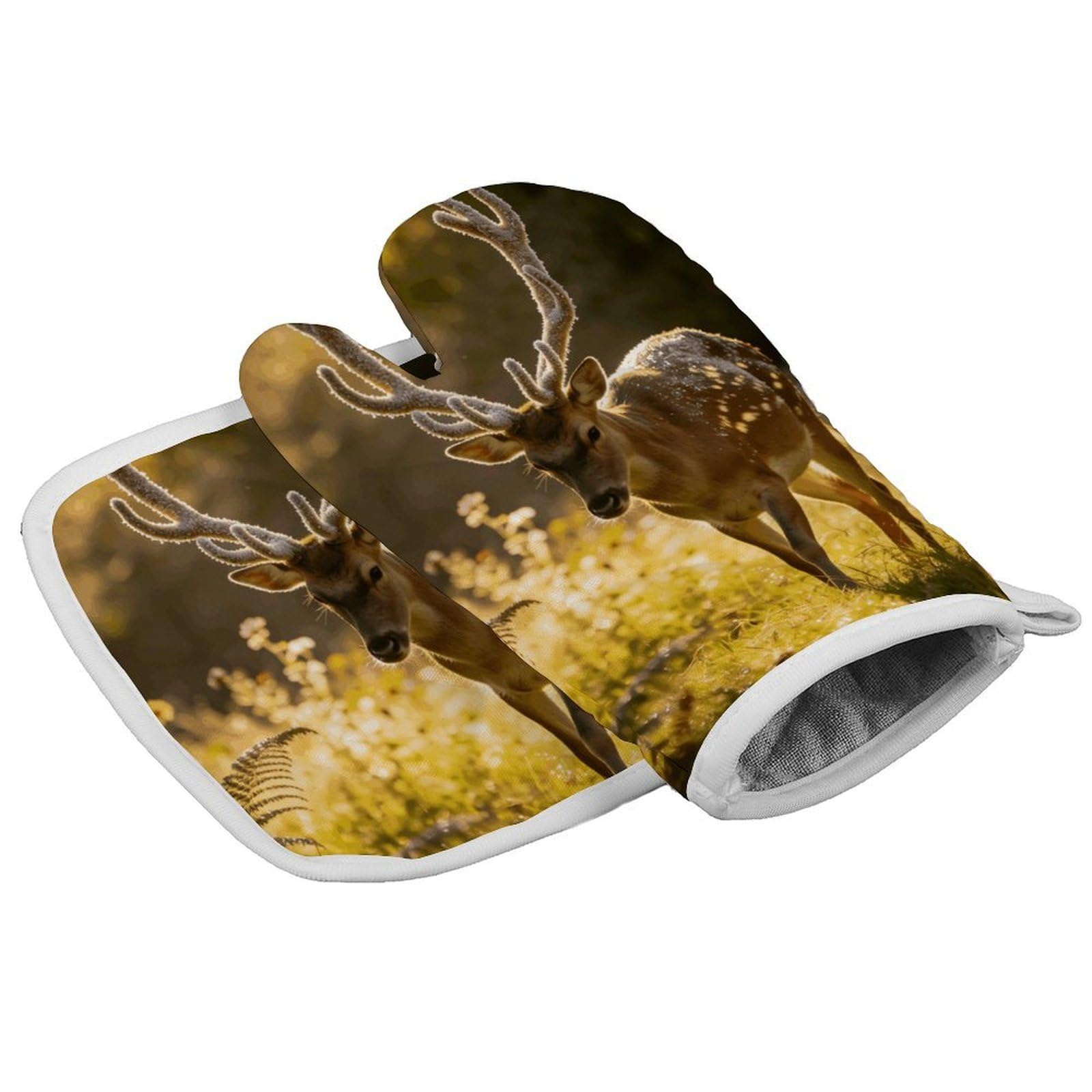 Fodpand Style Graceful Deer With Antlers In Nature Oven Mitt Set With Lanyard, Cooking Mitt, Protective Thermal Insulation,Kitchen Mitt For Baking, Cooking, Grilling, Microwave