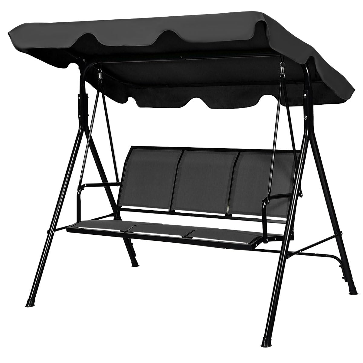 KOMFOTTEU Columpio de Jardín de 3 Plazas, Columpio Terreza Exterior con Toldo Ajustable y Respaldo Ergonómico, Banco Colgante con Marco de Metal, Balancín para Balcón, Patio (Negro)