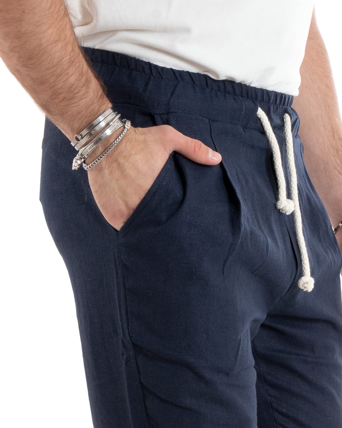 Giosal Pantalone Uomo Lungo Lino Elastico in Vita Tinta Unita Sartoriale Casual Made in Italy