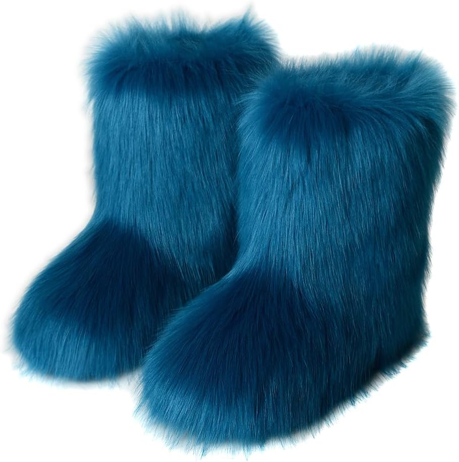 Women’s Faux Fur Boots Mid-calf Furry Snow Boots Flat Fluffy Warm Lined Winter Shoes Outdoor Indoor