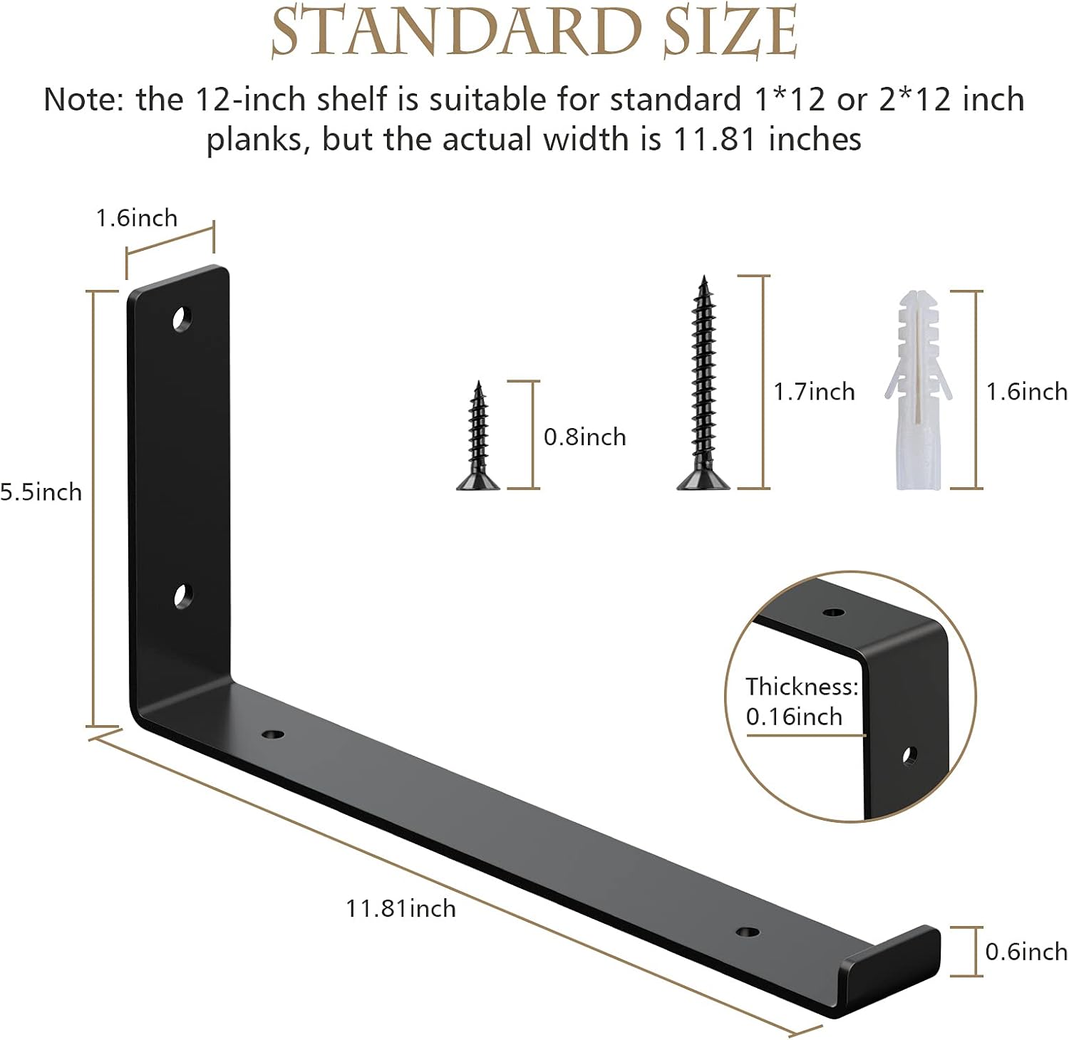 Shelf Brackets for 12 Inch Shelves, Heavy Duty Shelving Brackets with Lips, Metal J Black Shelf Bracket Support 11.25" Board, Industrial Shelf Wall Brackets with Hardware for DIY Open Shelving- 6 Pack: Home Improvement