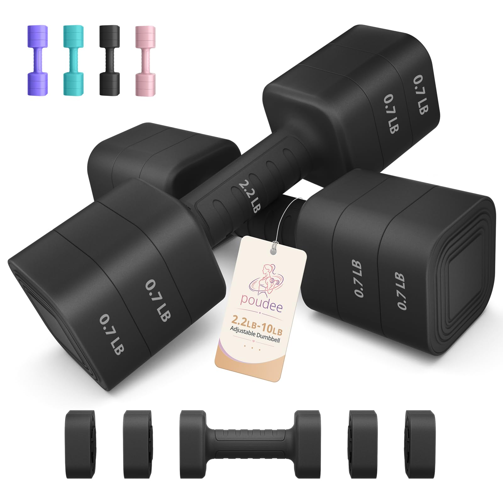 Poudee Adjustable Dumbbell Set, 3-in-1 Hand Weights for Women and Men at home,2lb/3lb/5lb/10lb/15lb/20lb, Adjustable Weights for Home Gym, Pilates, Yoga, Strength Training, Anti-Slip Handle, Black