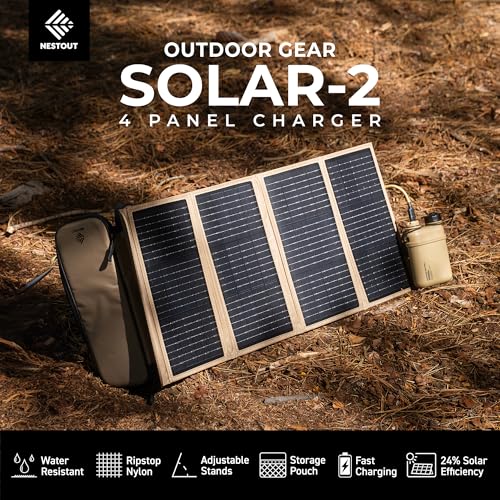 Image of NESTOUT Portable Solar Panel, USB-C and USB-A Ports, 28W Solar Charger for Camping, Water Repellent Ripstop Nylon, Foldable Compact Design, Digital Ammeter, Adjustable Stand, Beige (4 Panel)