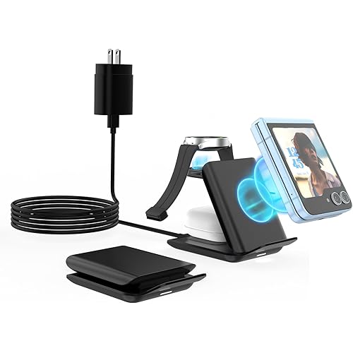 Wireless Charger for Samsung Galaxy Z Flip-3 in 1 Foldable 15W Fast Wireless Charging Stand, Portable Travel Charger Station for Galaxy Z Flip 7/6/5/4/3, Razr+, Galaxy Watch, Earphones, Black