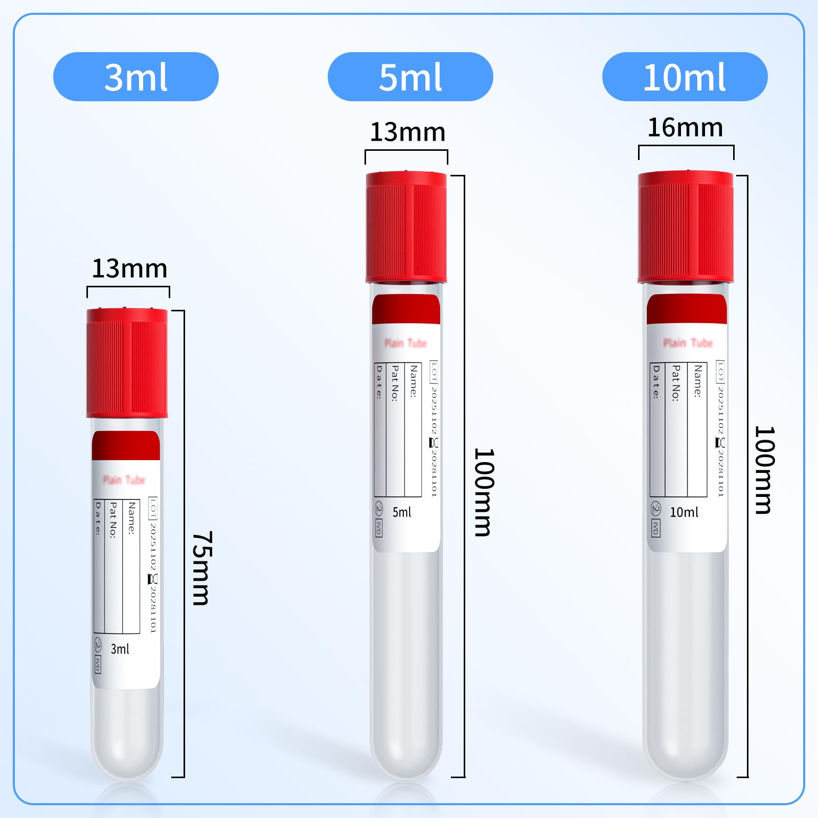 Tubos de muestra sellados al aspiradora, tubos de laboratorio de recogida al aspiradora de 10 ml, adecuados para laboratorio, mascotas y uso veterinario (paquete de 100)