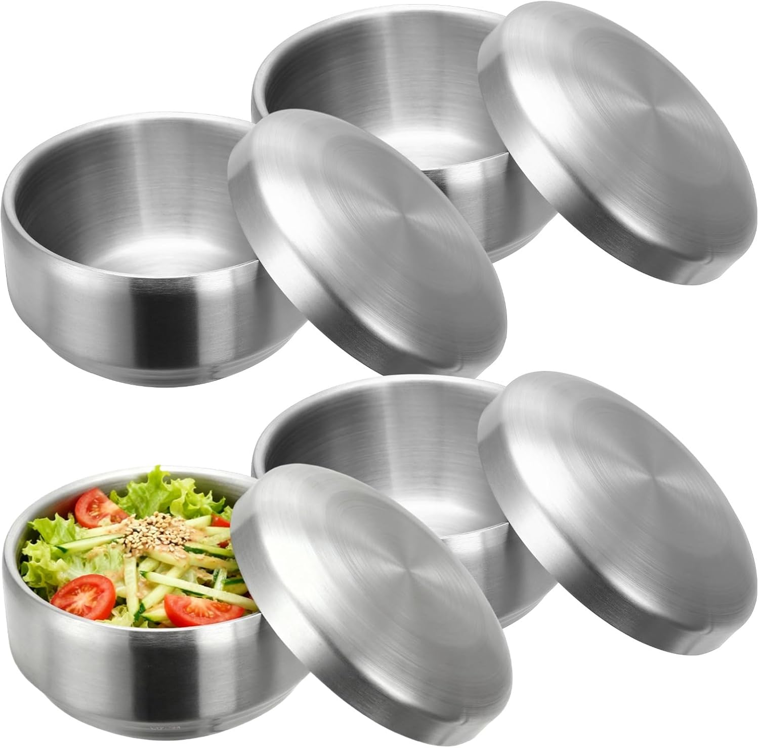 4 Pcs Double-Walled Soup Rice Bowls with Lids, Stainless Steel, 4.9 in Korean Bowls for Salad, Insulated Bowls Set for Home & Restaurant Use