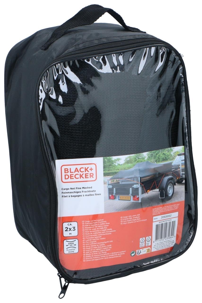 Black+Decker Siatka na przyczepę – 2 x 3 m – rozciągliwa gumka 8 mm – z torbą do przechowywania – czarna