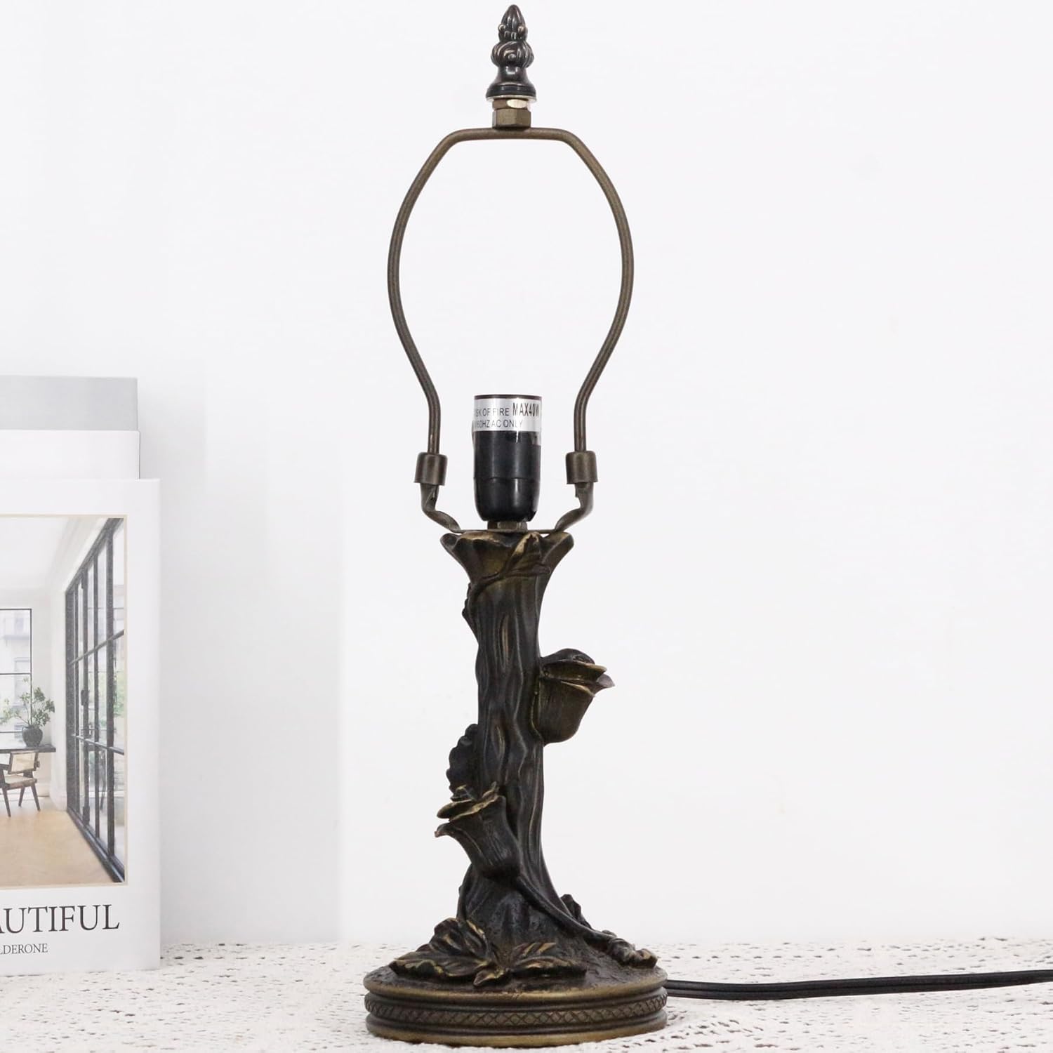 Table Lamp Base Replacement Only, Wide 5 Height 15 Inch, Fit for 6, 8, 10 Inch Tiffany Style Stained Glass Lampshade, Dark Bronze Finish,Resin, Push Switch On Cord(D (W5H15 Inch))