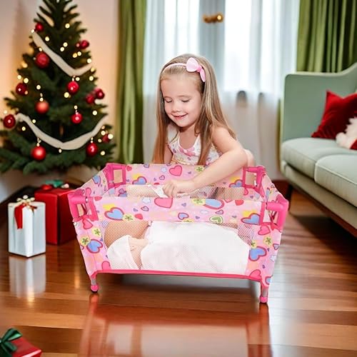 Miniatura 4 de Cuna de muñeca de bebé de juguete para muñecas de 18 pulgadas, bonita cama de muñeca con diseño de corazón rosa con bolsa de transporte, muebles de