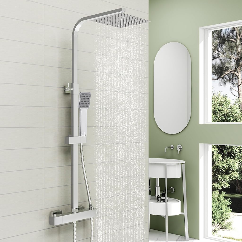 OCEAN ITALY Colonna Doccia con Miscelatore Termostatico 38°C Colonna Doccia con Soffione e Doccetta, Altezza Regolabile Doccia Soffione 20x20cm a Pioggia Anticalcare, Cromato