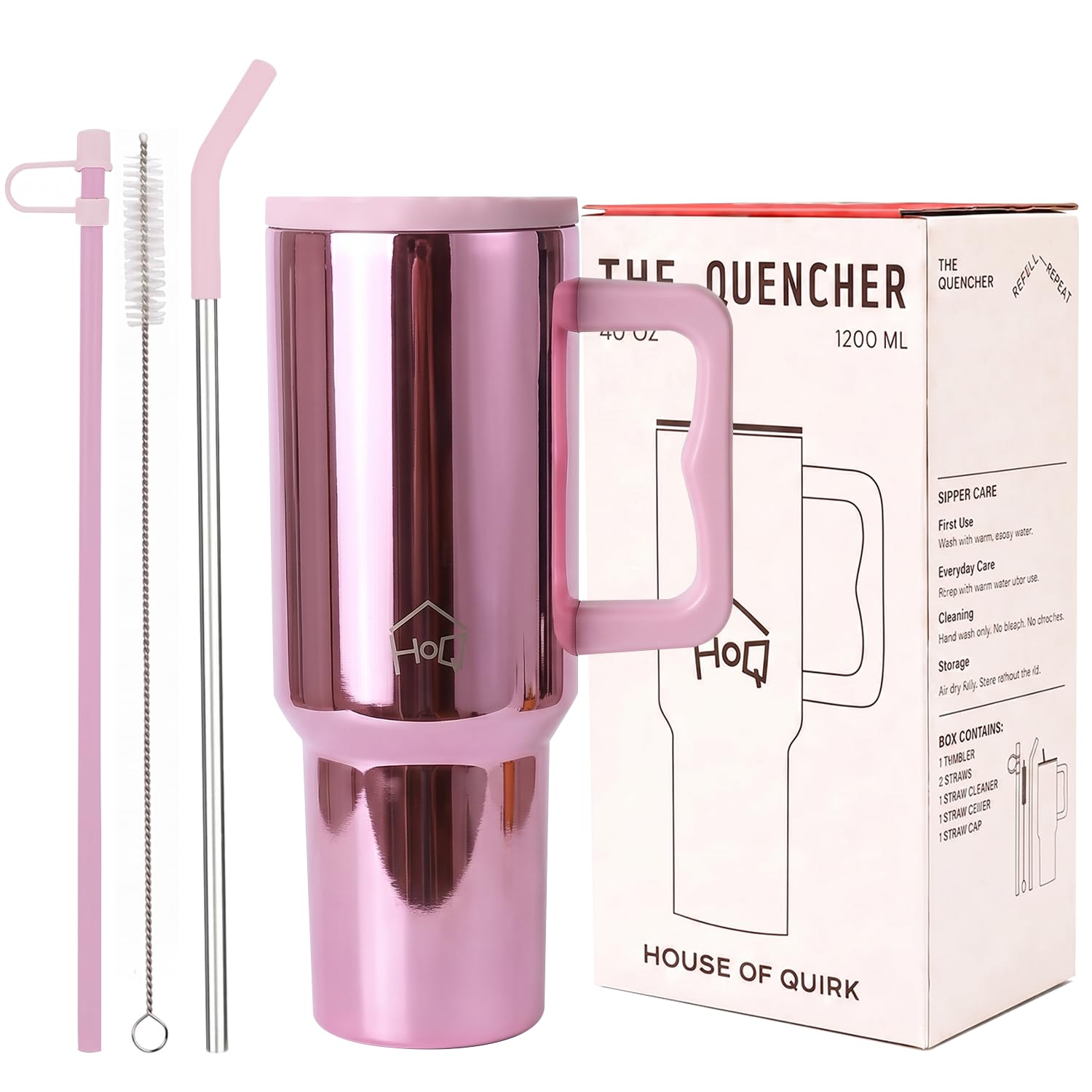 House of Quirk 1200ML Stainless Steel Tumbler with Handle & Lid, 2 Straws – Large Travel Mug Water Cup for Gym, Office & Outdoor Use (Mettalic Pink)
