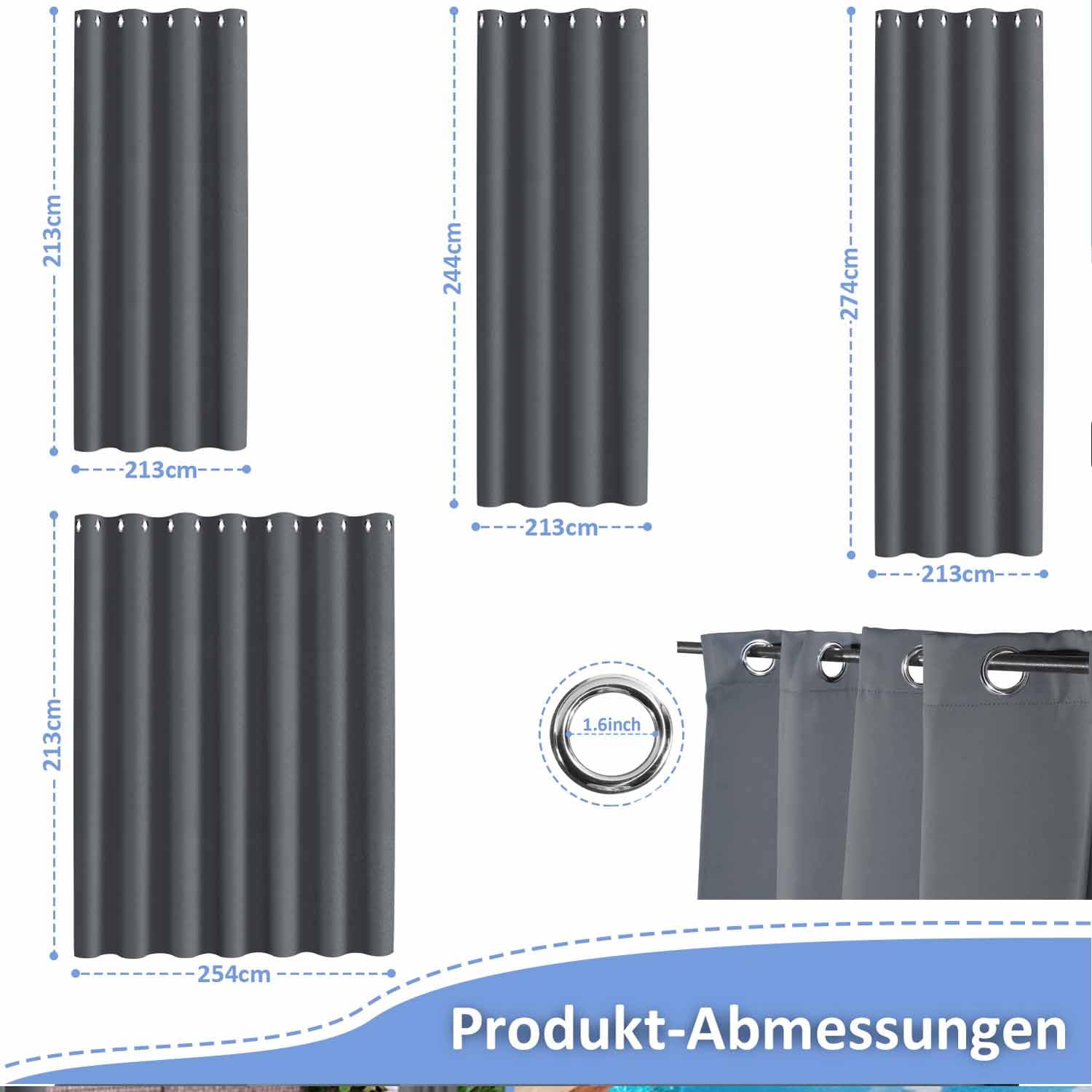 Fiqops Garden Outdoor Vorhang Wetterfest, Outdoorvorhänge mit Ösen(1.6 inch), Vorhang Sichtschutz Sonnenschutz für Terrasse, Balkon, Pavillon, Vorhang 213x254CM (HöhexBreite) Grau,2 Stück