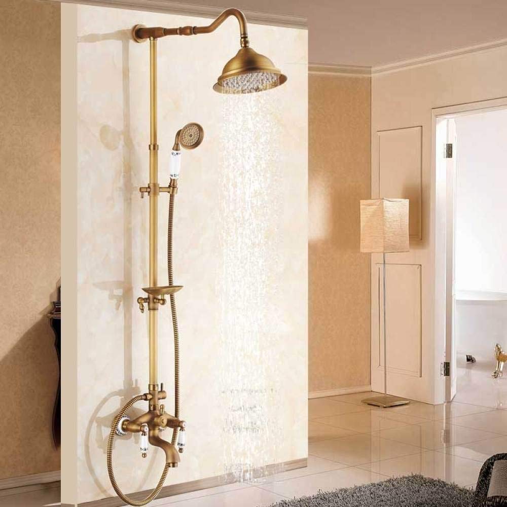 ASerZenith Shower System Newly Wall Mount Outdoor 8Inch Rain Shower Faucet Set Antique Brass Dual Handles Swivel Tub Spout Bath Shower Mixers + Soap Dish Antique Brass B