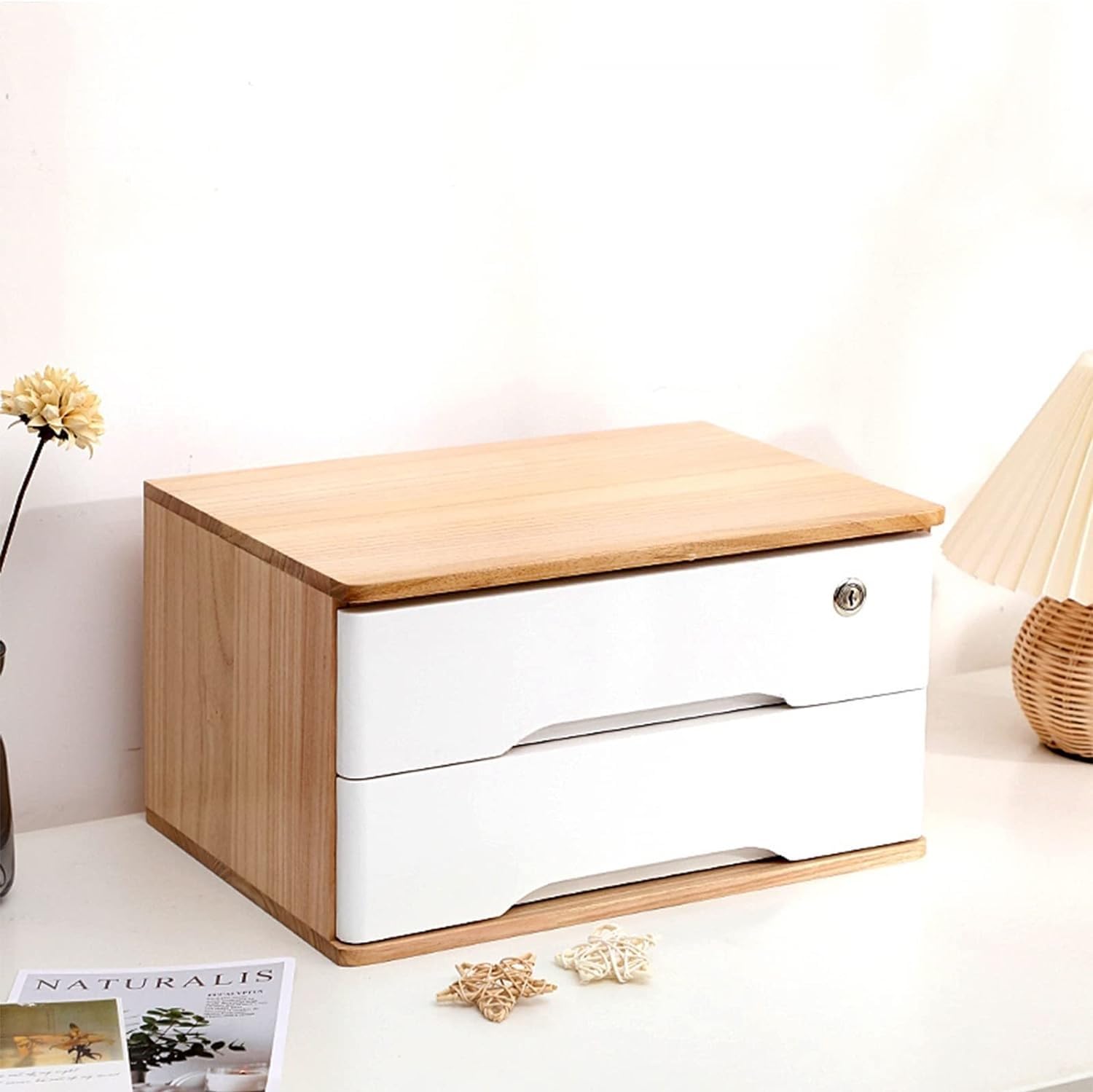 noxozoqm Wooden Desktop Storage Box With Lockable Drawers, Office Supplies A4/Receipt File Organizer, Flat File Cabinet(Color:A,Size:2 drawer)