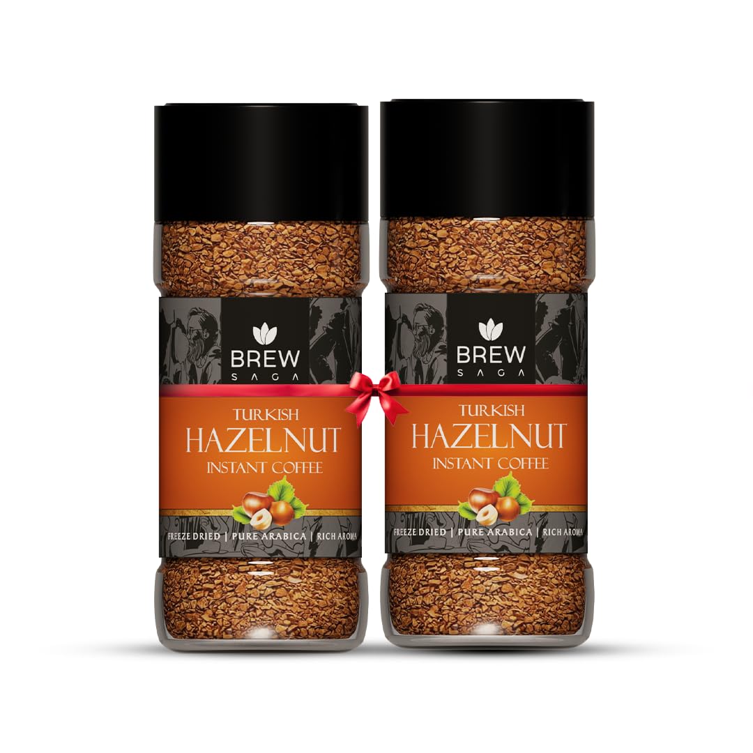 BREWSAGA Hazelnut Instant Coffee | 2×100g, Premium Freeze-Dried Arabica | Nutty & Aromatic, No Added Sugar | Café-Style at Home