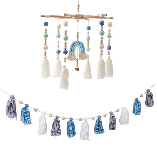 HBM - Móvil de bebé para cuna, diseño de arco iris, móvil, bohemio, decoración de guardería, regalo para baby shower para niños y niñas (azul)