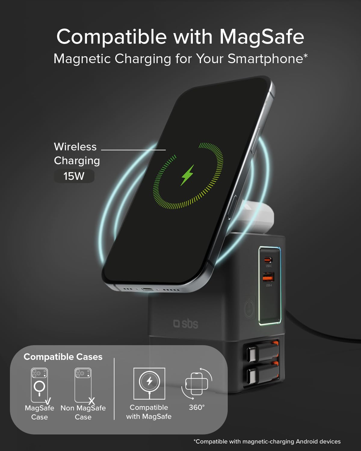 SBS Power Dock 6in1 100W USB-C, Recharge sans Fil 15W, Compatible MagSafe | Power Delivery (PD 3.0 PPS), Station de Recharge avec 2 Câbles Rétractables, Adaptateur pour Ordinateur, iPhone, Noir