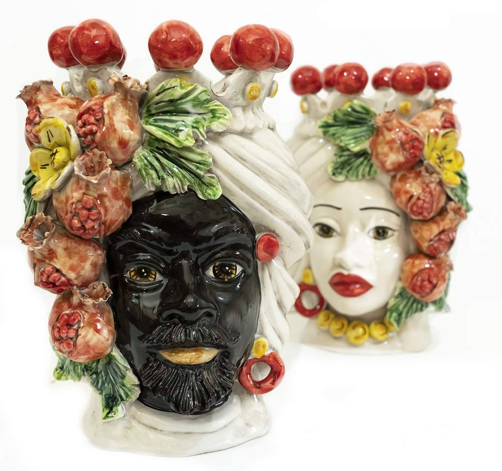 Coppia teste di moro Caltagirone con melograni in ceramica siciliana vasi grande H 30 cm