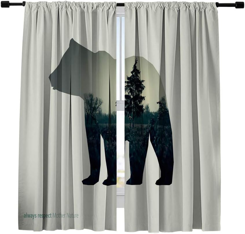 Blackout Curtains Window Treatments Draperies,Creative Picture with line icon of Bear and Dark Forest in The Middle,Window Curtains for Bedroom Living Room Kitchen Cafe,2 Panels Set