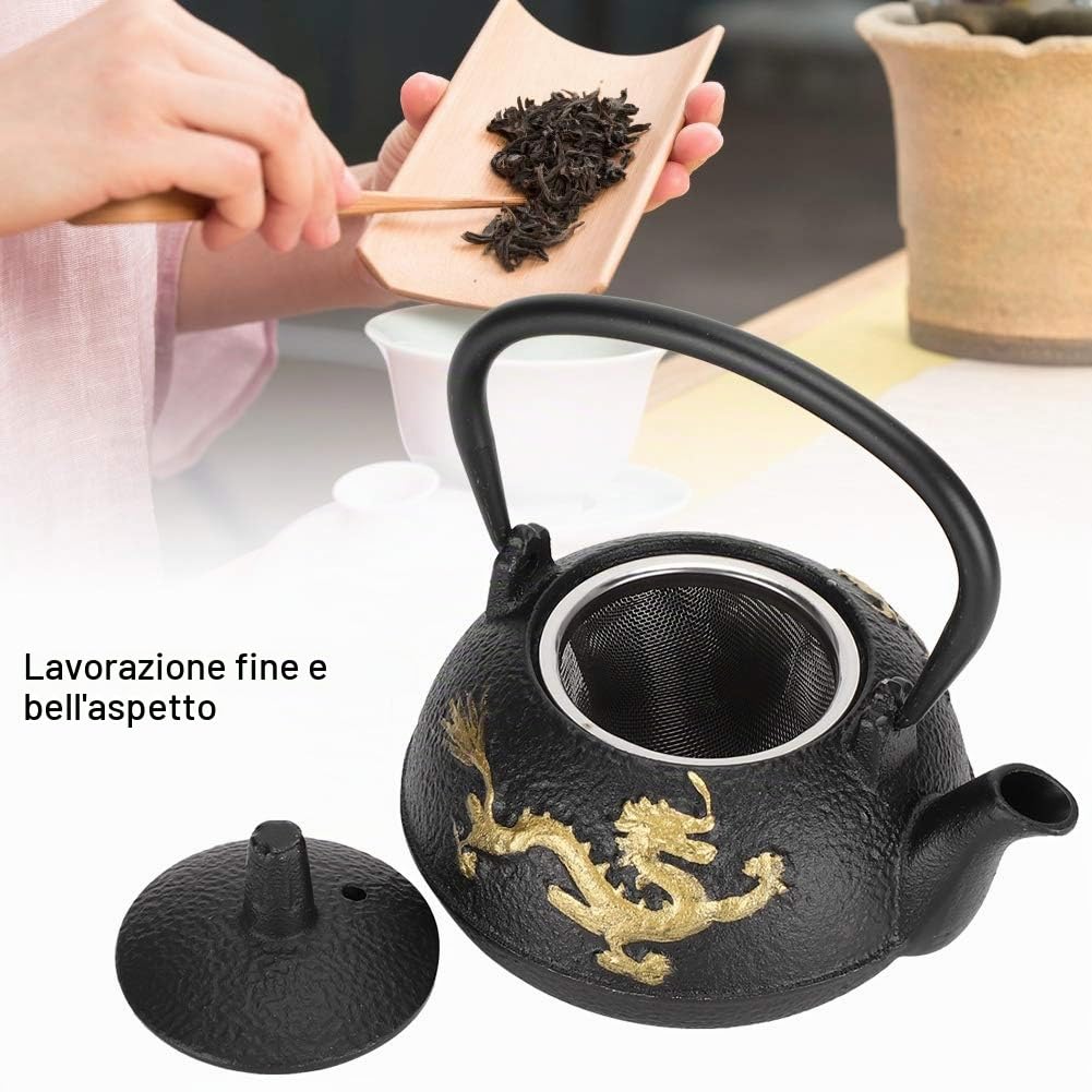 Bollitore per tè in ghisa, teiera giapponese Tetsubin Teiera in ghisa Bollitore per tè in ghisa Piano cottura Ornamenti con motivo a drago d'oro per tè domestico 0,3 L