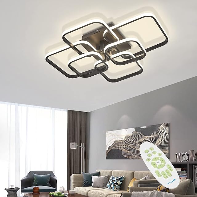 XEMQENER LED Dimmable Ceiling Lights with Remote, Chandelier Ceiling Light with 6 Squares, Flush Mount Ceiling Lamp for Living Room Kitchen Office Bedroom Dining Room(2800k-6000k, Black, 10-20)