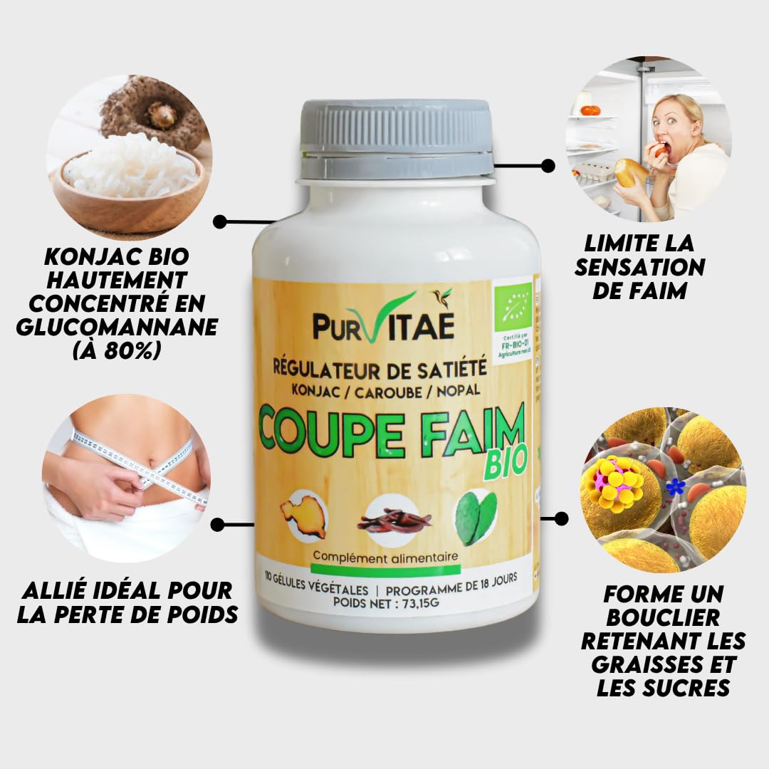 Coupe Faim Mécanique Bio Konjac, Caroube et Nopal | 270 gélules, programme de 45 jours | Réduit l'appétit | Diminue la sensation de faim | Piège les grasses et le sucre | Pur Vitaé
