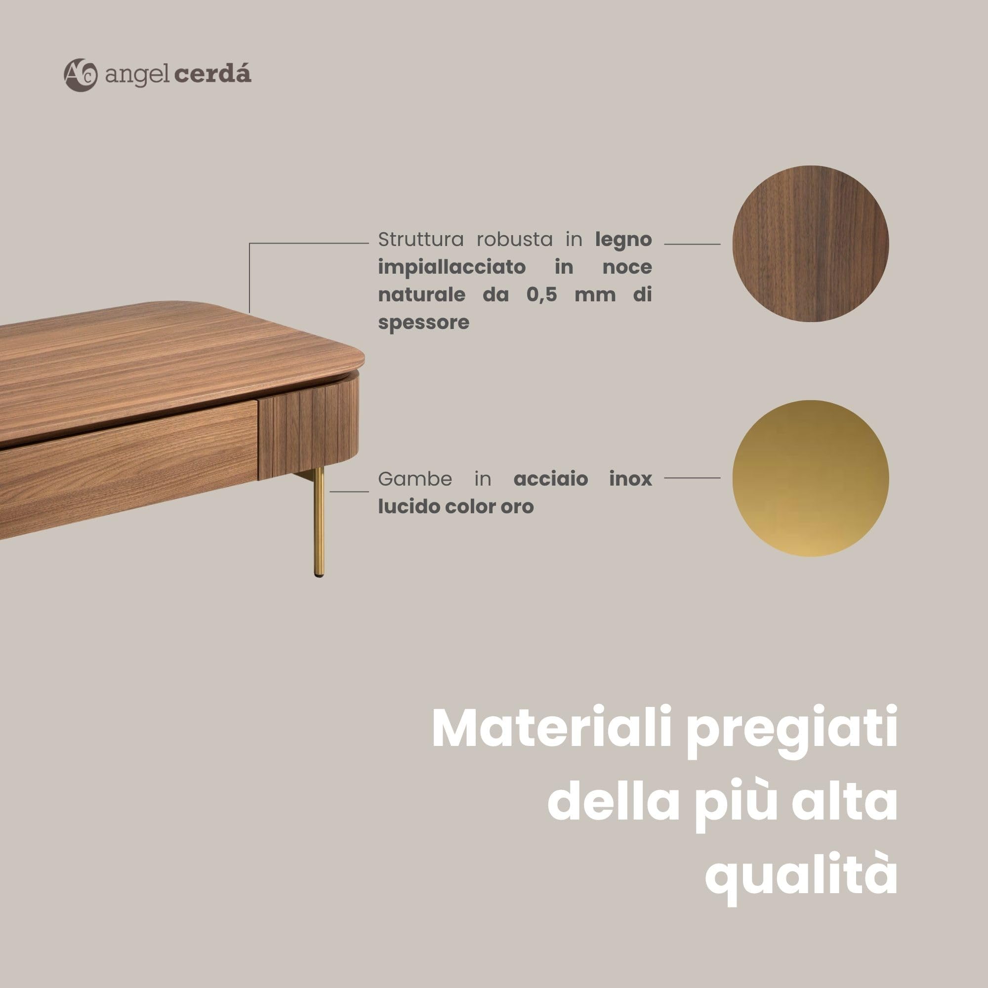 Ángel Cerdá - Tavolino Rettangolare in Noce e Acciaio Dorato con Cassetto Centrale - Tavolino Moderno ed Elegante - Originale e Versatile - Materiali Resistenti - 120 x 60 x 37 cm