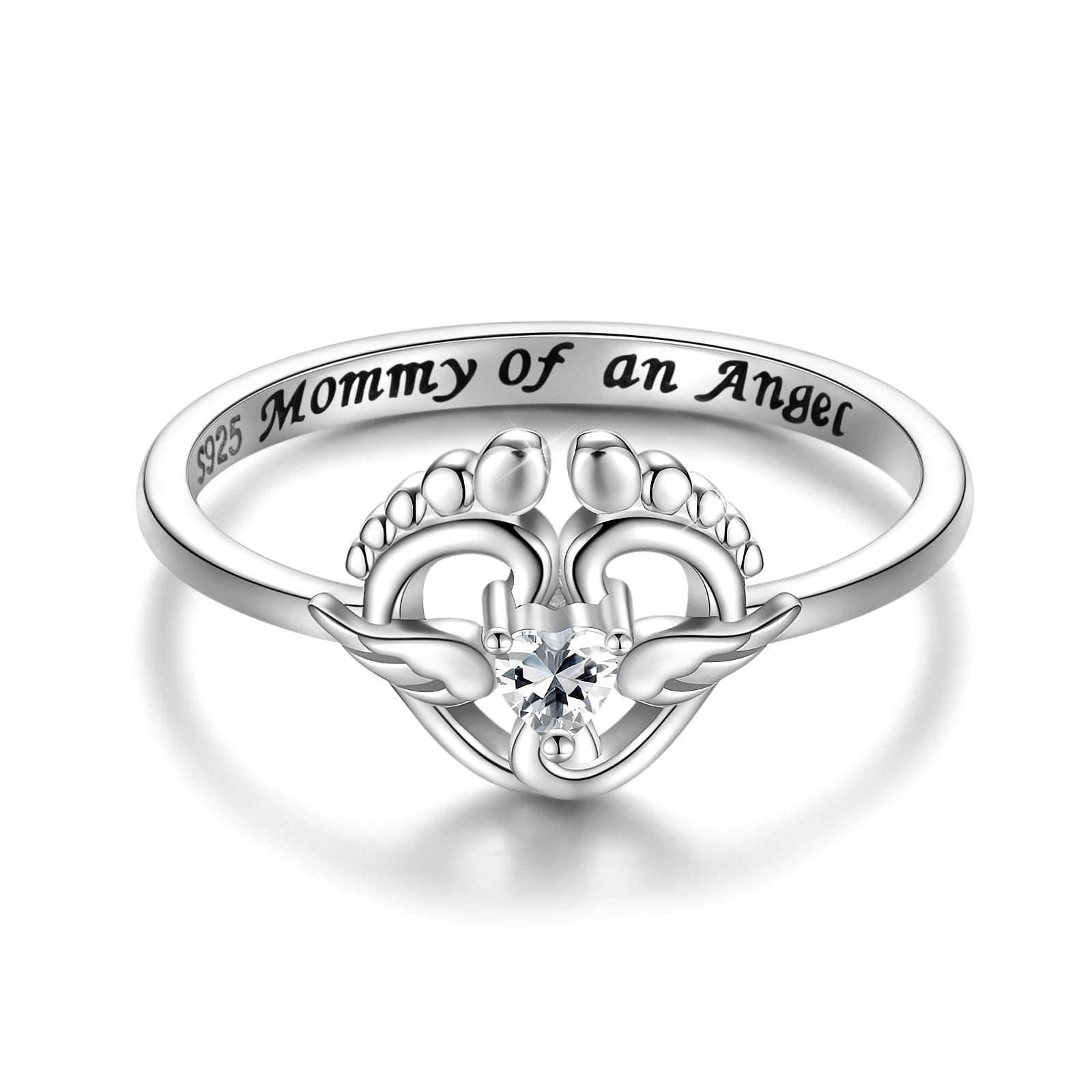 Miscarriage 1nfant Loss Ring - 925 Sterling Silver Mommy of an Angel Rings with Heart Cubic Zirconia Footprint Memorial Jewelry Gifts for Women