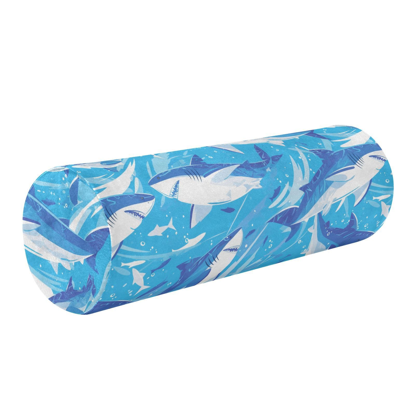 miaozhen Cartoon Great White Fish sea Sky Blue Small Round Pillow Insert Cervical Pillow for Neck Pain Cylinder cojin para el Cuello 5.5''x17''