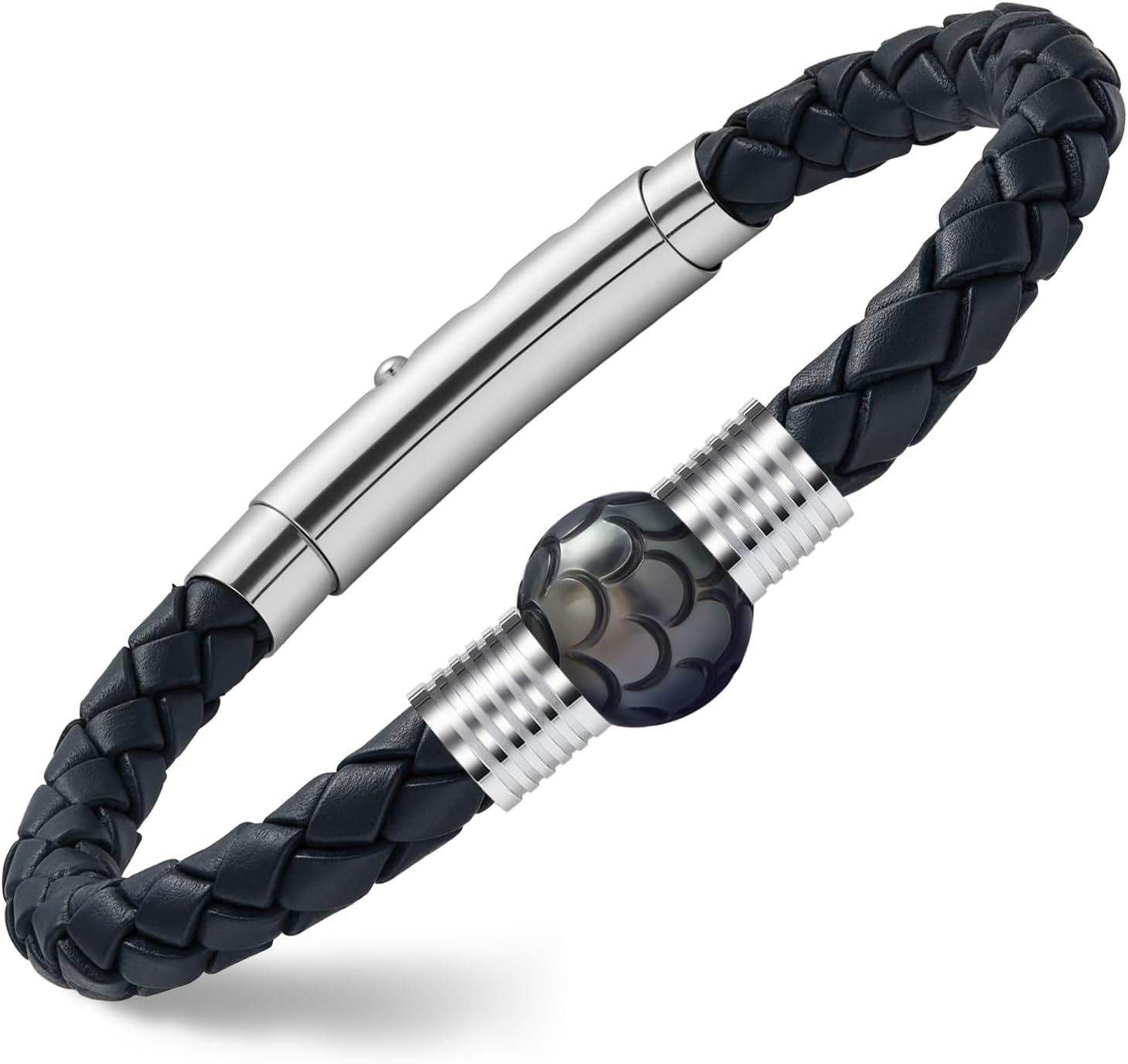 Men's Braided Genuine Leather Bracelet - 11-12mm Hand-carved Seawater Tahitian Pearl Bracelet for Men, Chirtmas Anniversary Birthday Gifts for Him Husband, Stainless Steel Clasp Adjustable 7.4"- 8.2"