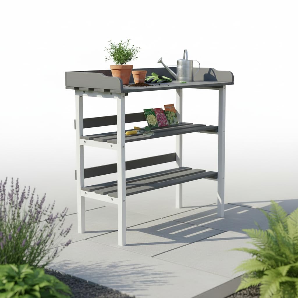 Melko Pflanztisch aus Holz mit verzinkter Arbeitsplatte, Gartenarbeitstisch mit 2 Ablagen & 3 Haken, Pflanzregal/Beistelltisch für Balkon, Terrasse & Gewächshaus, 84 × 78 × 38 cm