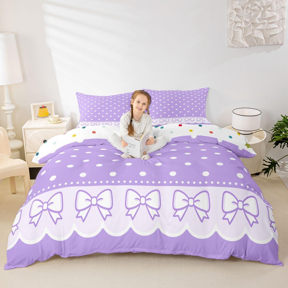 Manfei Polka Dot Duvet Cover Set Full Size,Bowknot Kids Bedding Set,Modern Simple Art Style Teens Room Decor,Light Purple Quilt Cover,2 Pillowcases(No Comforter) image 5