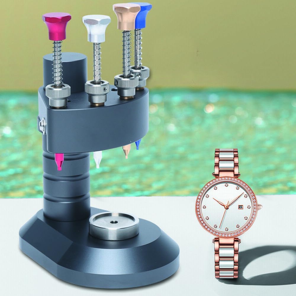 Image showing the 4-Pin Watch Hand Installation Tool with a watch dial placed on the movement base, ready for hand installation.