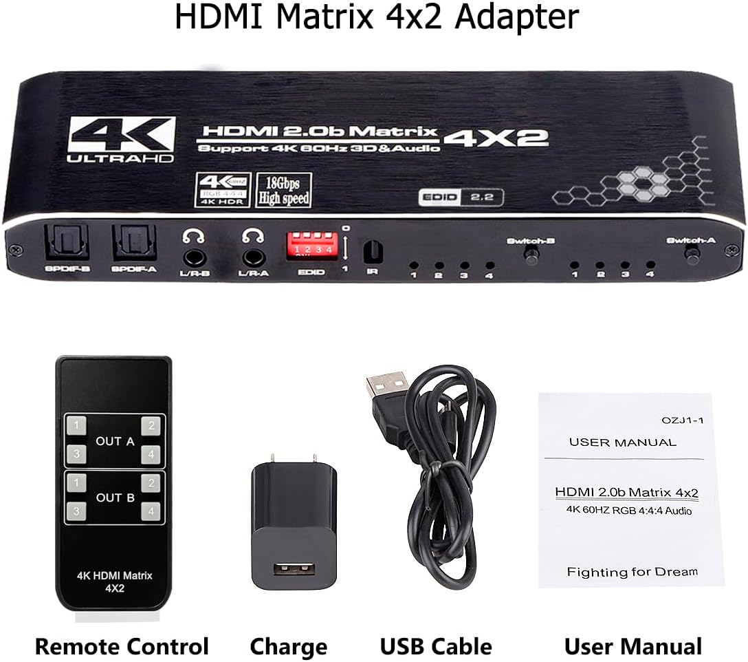 HDMI Matrix Switch 4x2, 4K HDMI Matrix Switcher Splitter 4 in 2 Out Box with EDID Extractor and IR Remote Control Support 4K HDR, HDMI 2.0b, HDCP 2.2, 4K@60Hz, 3D, 1080P