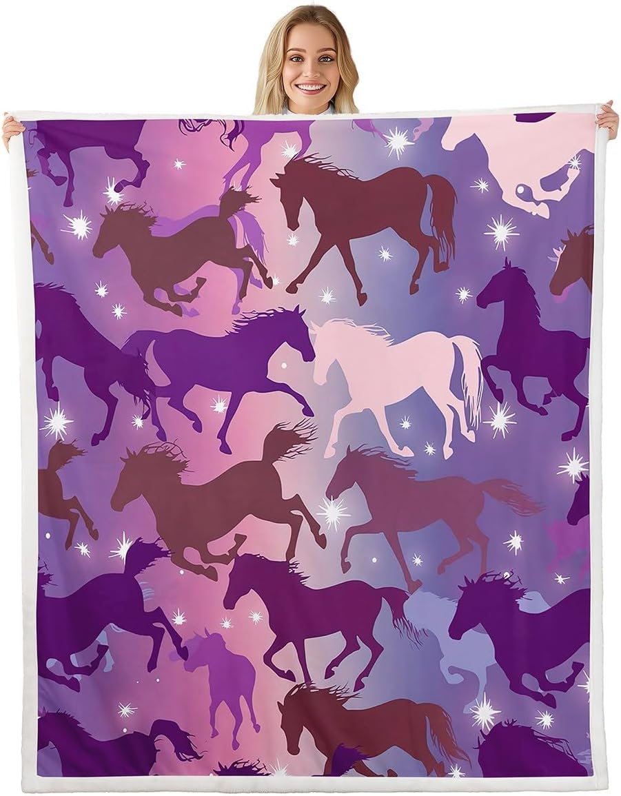 Feelyou Horse Sherpa Blanket for Girls Cute Horse Fleece Throw Blanket Purple Sparkle Stars Fuzzy Blanket Ultra Soft Kids Teen Boys Plush Blankets and Throws for Bed Sofa Couch 60" x 80"