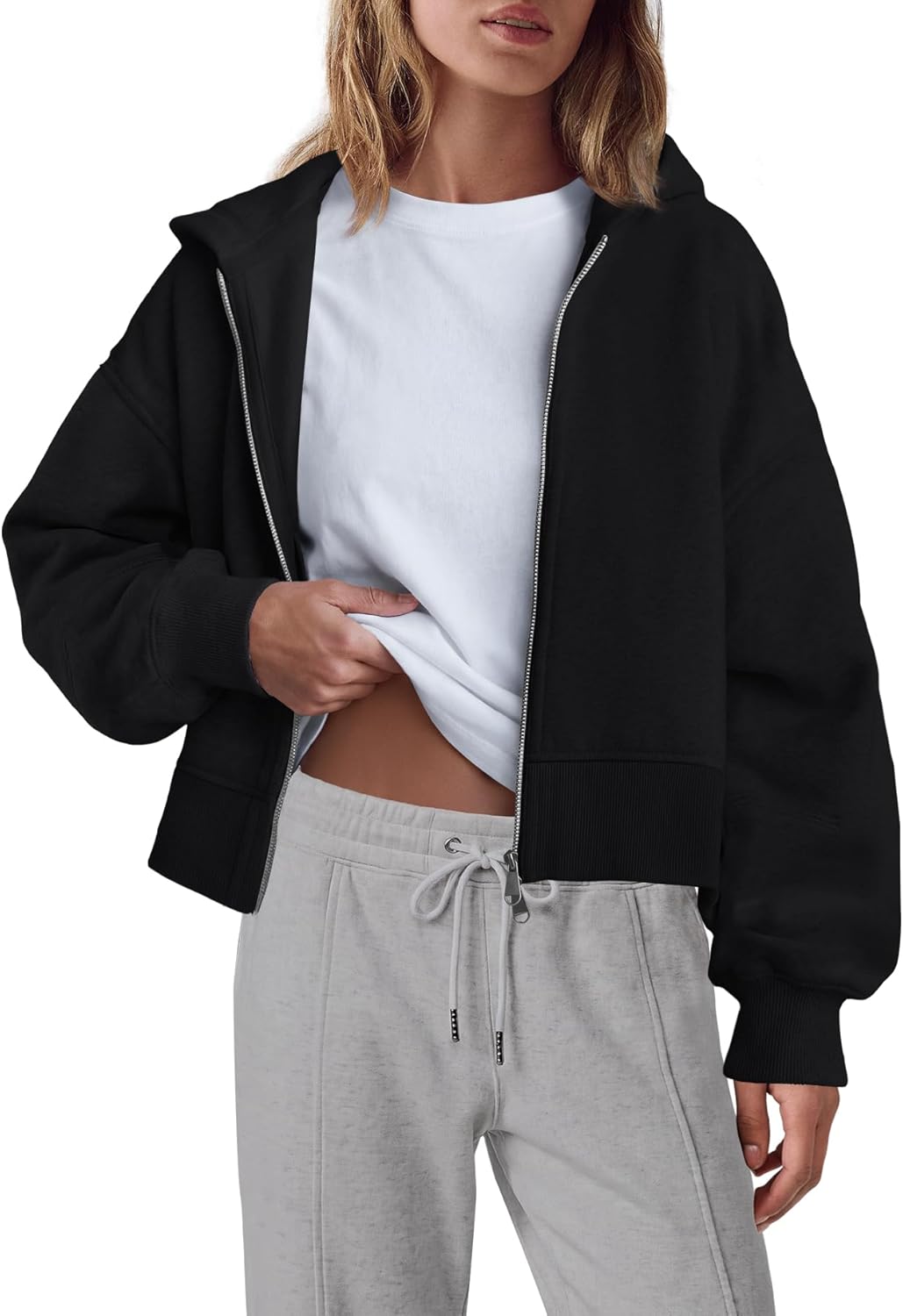 Yanekop Womens Cropped Hoodie Oversized Zip Up Hoodies Casual Gym Cropped Jacket Hooded Sweatshirt with Pockets
