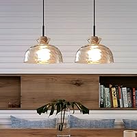 Vista 3 de LTBFDDC Farmhouse Small Pendant Lights Kitchen Island, Adjustable Height Hanging Ceiling Lamp Handblown Glass Dome Clear Hammered Shade For Dining