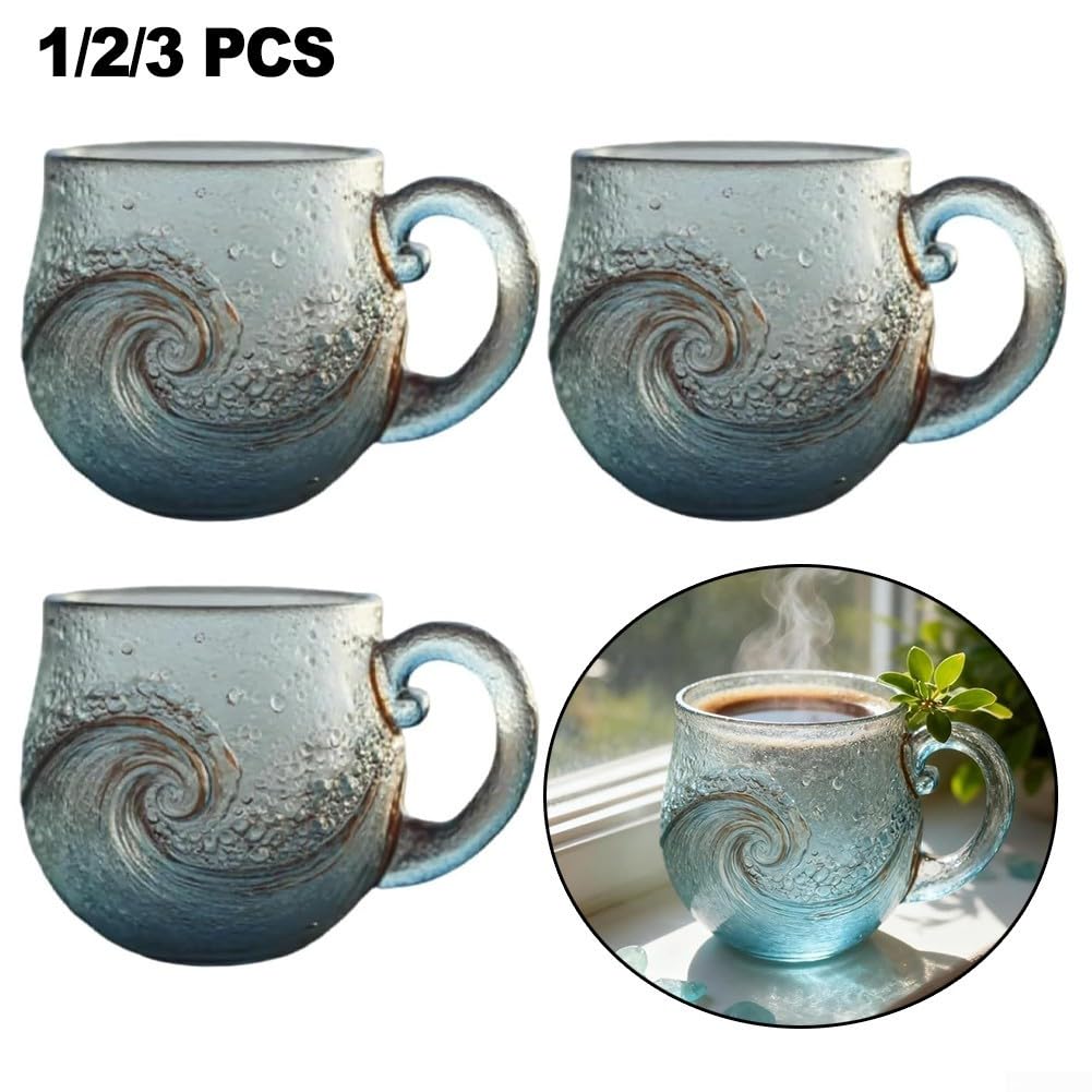 Taza de vidrio de mar hecha a mano con textura de ola de playa para té, café y cócteles, bebidas de vidrio, 12 onzas (2)