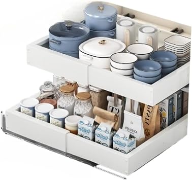 Under Sink Storage, Slide Rack, Kitchen Storage Drawer, With Slide Rail, Telescopic Storage Basket, No Drilling Required, Slide Tray, Adjustable Width Up To 18.9 inches 48 cm, Storage Under