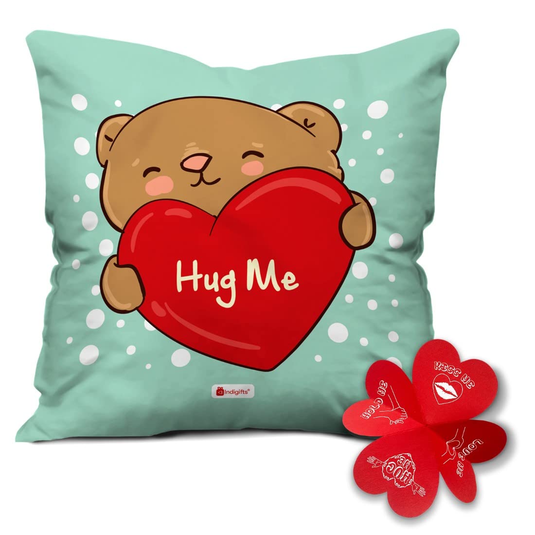Indigifts Printed Cushion Cover with Filler | Hug Me in Heart | Polysatin | 12x12 Inches | Comfortable Multicolor Cushions | Romantic Soft Decorative Pillows | Unique Quirky Gifts