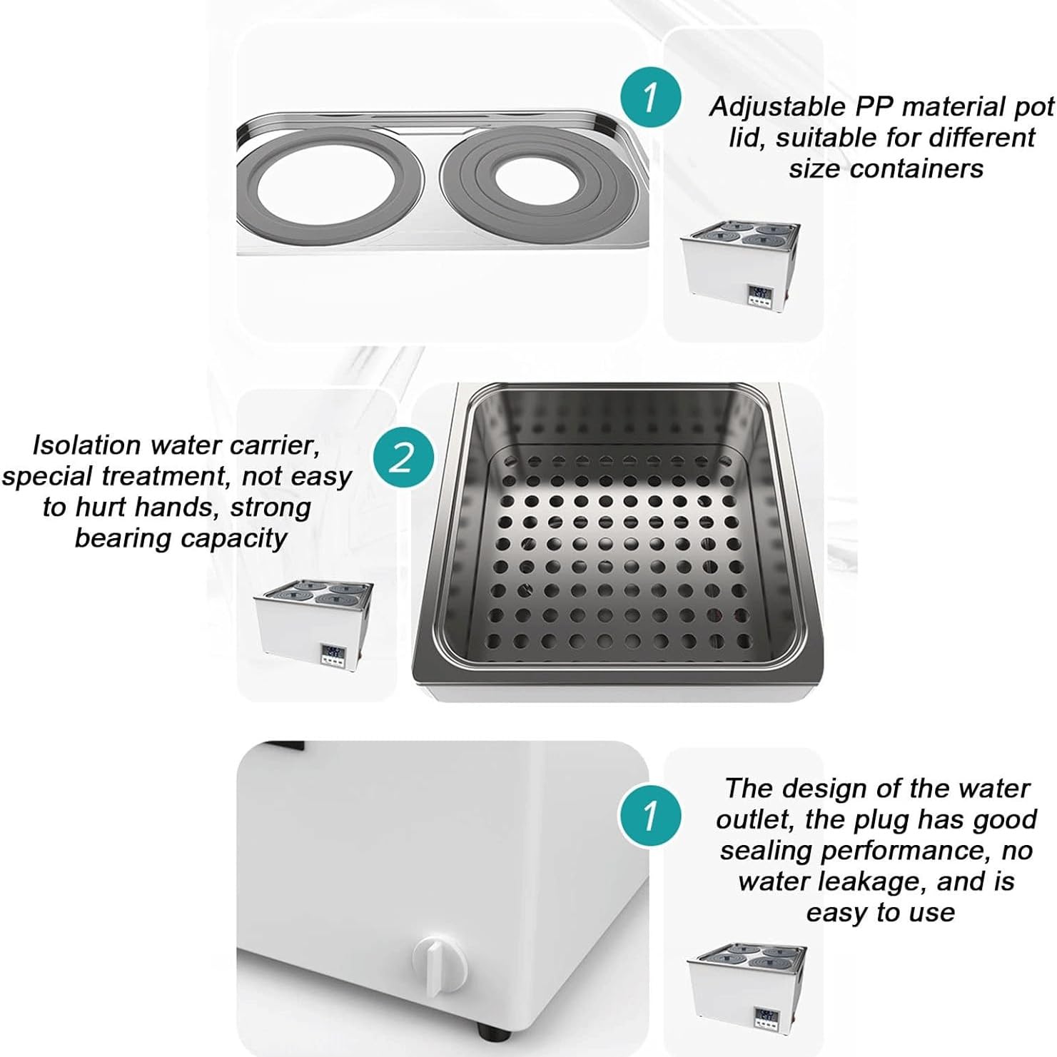 Baño de agua digital con calefacción termostática, protección contra quemaduras en seco, acero inoxidable para experimentos, pantalla digital, 2 agujeros, uso en laboratorio
