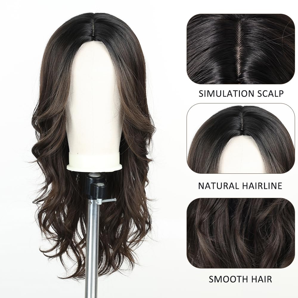 Esmee Long Wavy Black Brown Wigs for Women Natural Synthetic Hair Wig for Daily & Party Use, Black Brown 6352-1, 26 pollici - Image 3